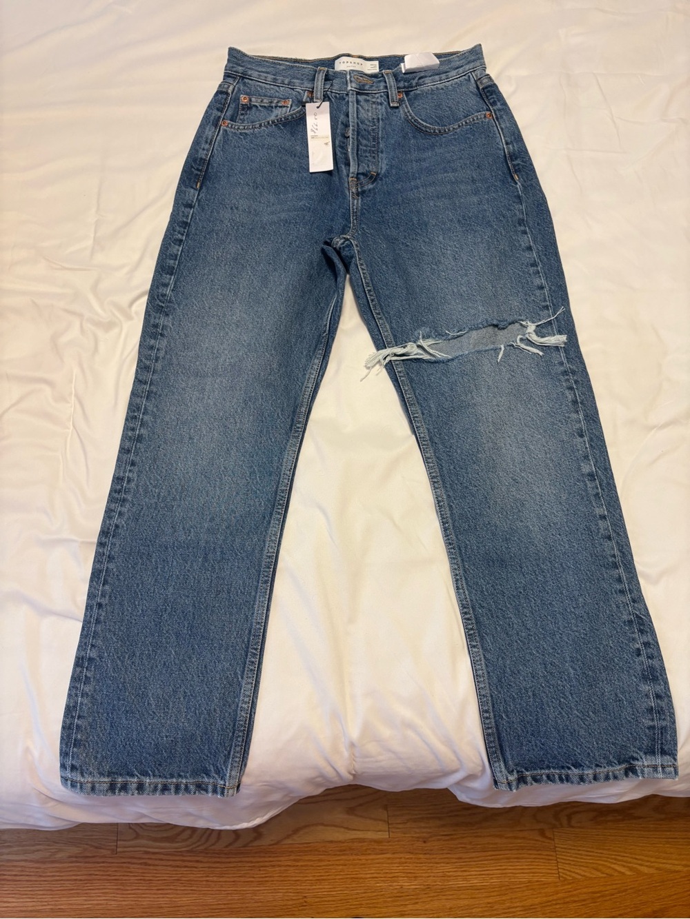 Topshop Women's Medium Blue Straight Jeans with Knee Rip